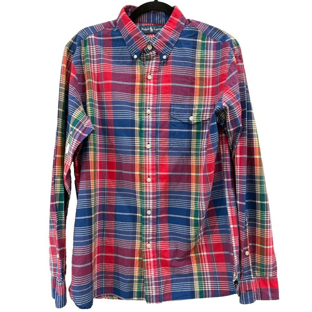 Ralph Lauren Men's Large Red Blue Multi Plaid Long Sleeve Button Down